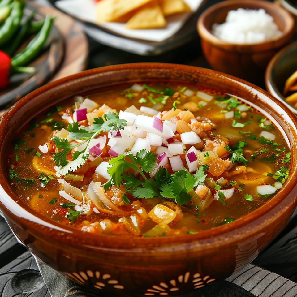 A brown bowl of Mexican soup, garnished with diced onions, red onions, and fresh cilantro.