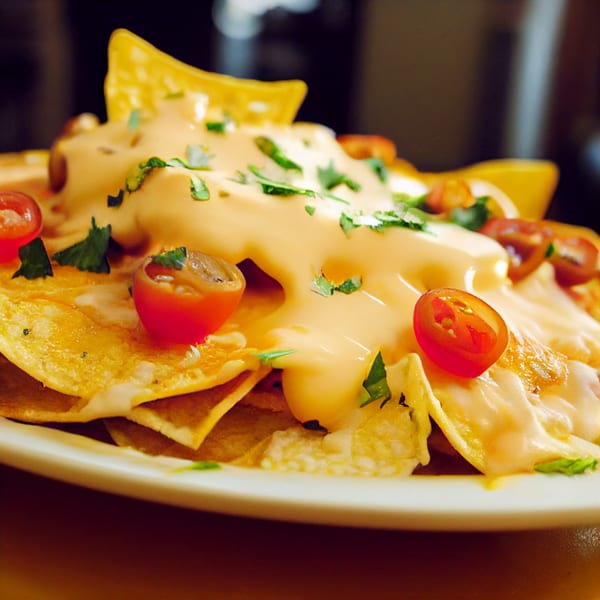 Close-up of El Castillo Mexicano's nachos, topped with melted cheese, fresh cilantro, and cherry tomatoes.
