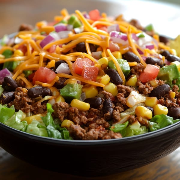 A vibrant taco salad with ground beef, black beans, corn, tomatoes, onions, and shredded cheese.