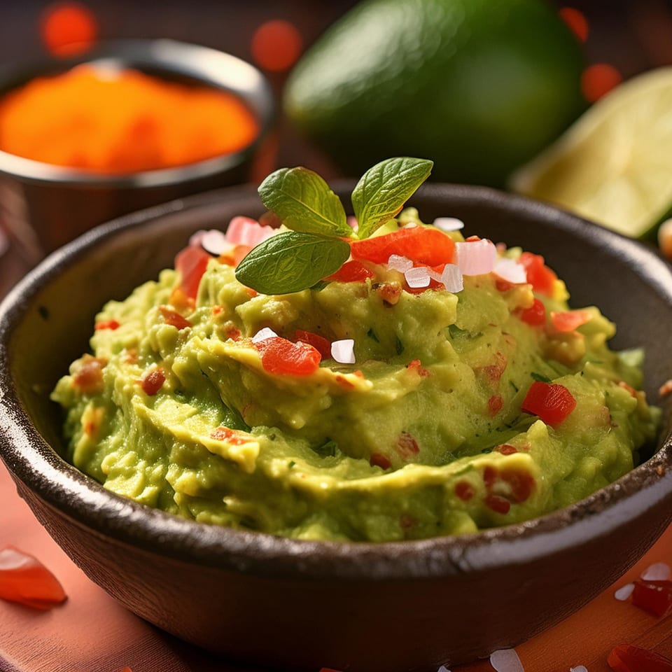 Fresh guacamole in a dark bowl, topped with diced tomatoes, onions, and a mint sprig.