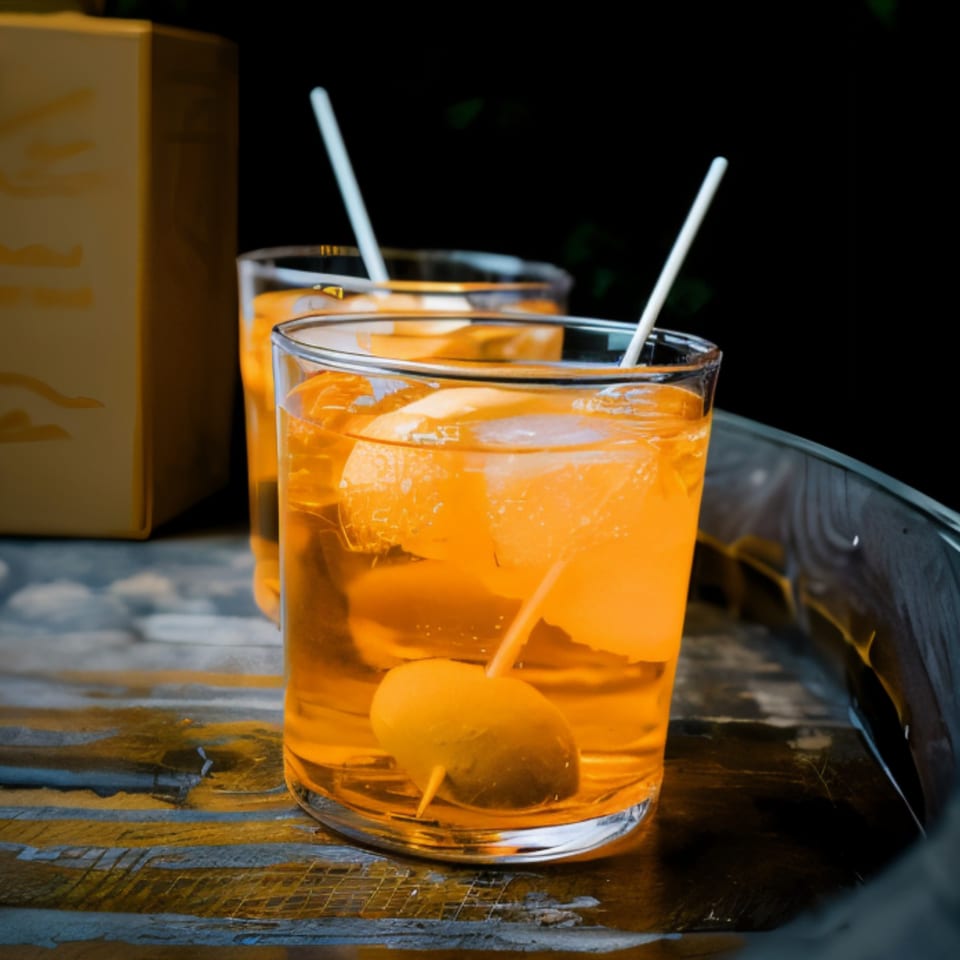 Two orange cocktails with ice, lemon, and an olive on a rustic wooden surface.