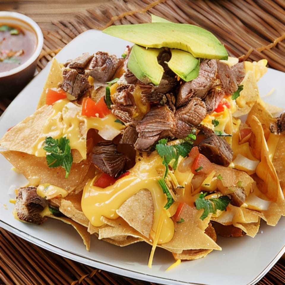 El Castillo Mexicano's nachos with steak, cheese sauce, diced tomatoes, and avocado slices.