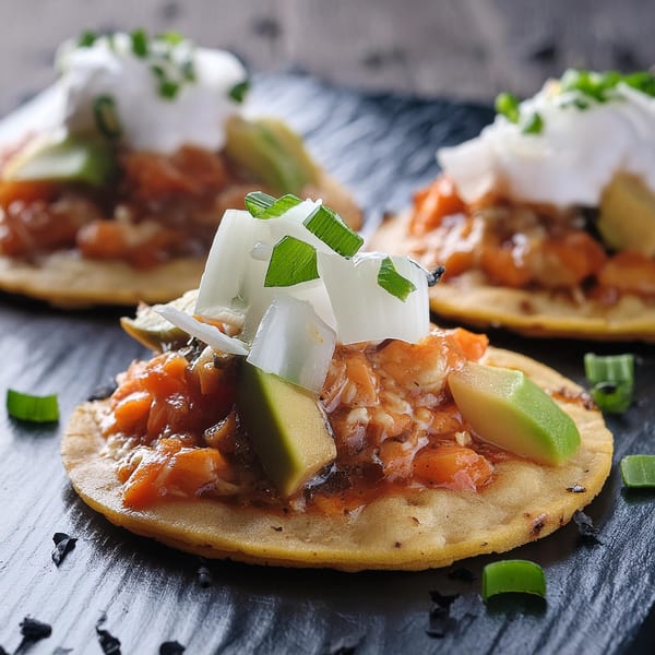 Three Mexican tostadas topped with shrimp, avocado, onions, and sour cream on a dark surface.