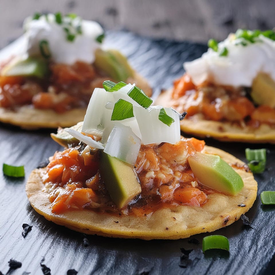 Three Mexican tostadas topped with shrimp, avocado, onions, and sour cream on a dark surface.