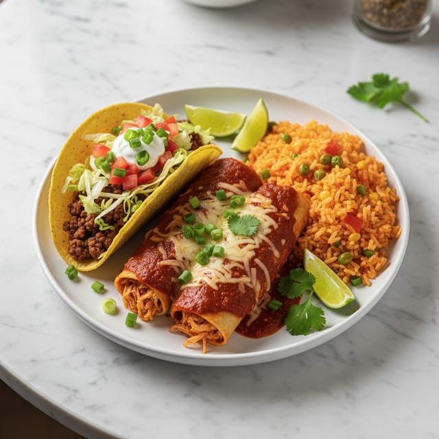 1. Taco, Two Enchiladas and Rice.
